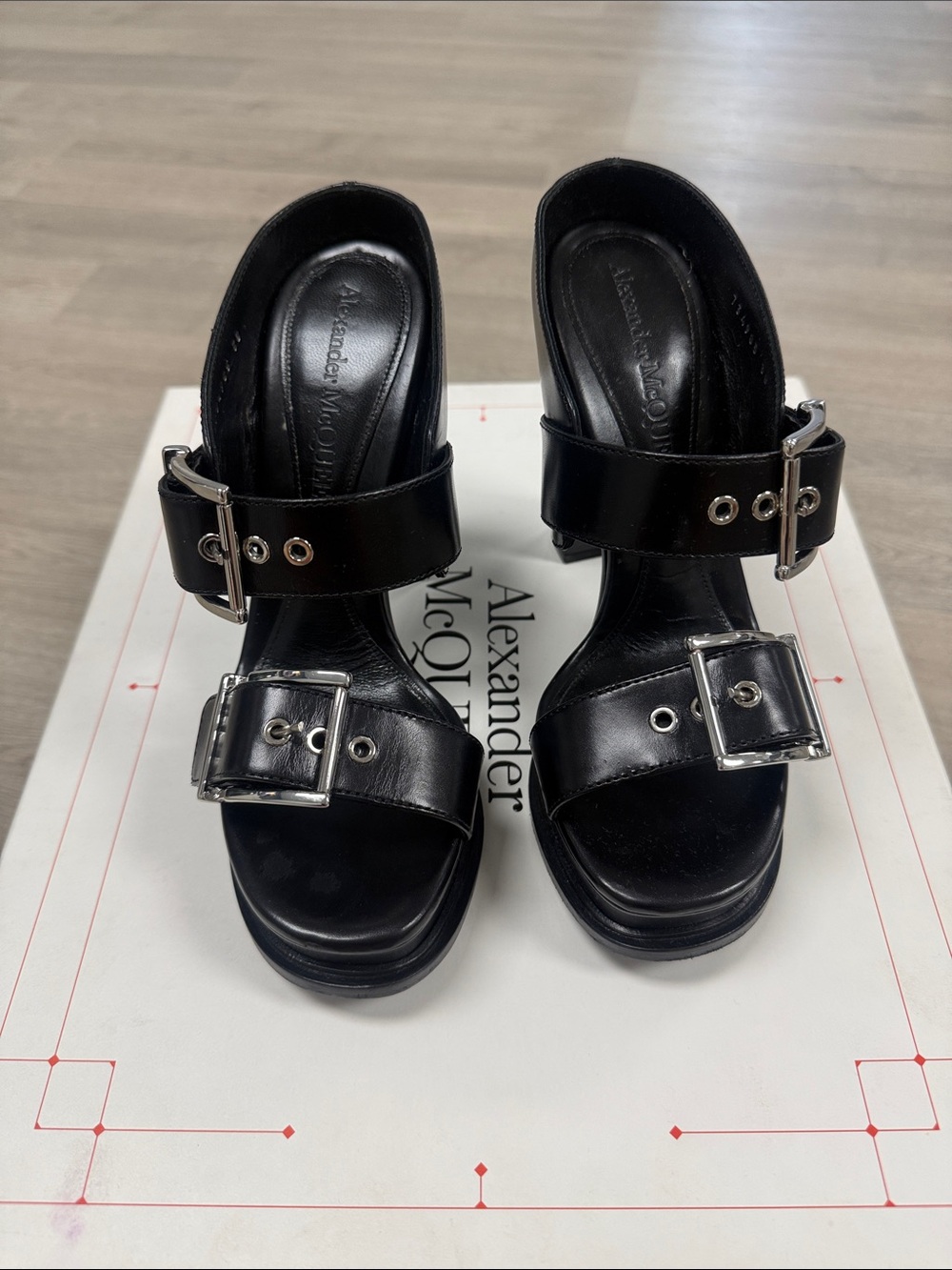 Alexander McQueen Black Leather Buckle Platform Heels
